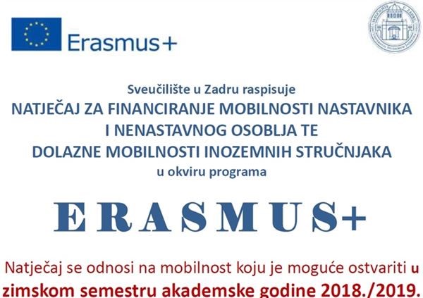 Erasmus+ - Natječaj za financiranje mobilnosti osoblja u zimskom semestru akademske godine 2018./2019.